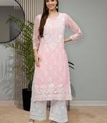 hand embroidered pink georgette lucknowi chikan kurta with slip