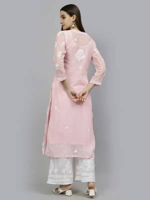 hand embroidered pink georgette lucknowi chikan kurta with slip 2