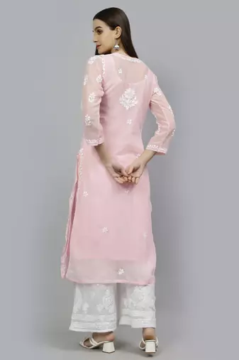 hand embroidered pink georgette lucknowi chikan kurta with slip