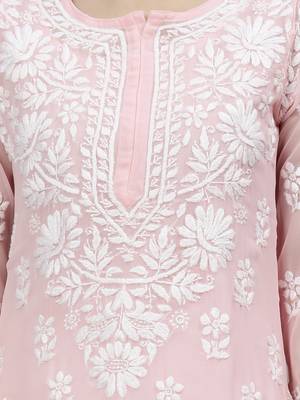 hand embroidered pink georgette lucknowi chikan kurta with slip 3