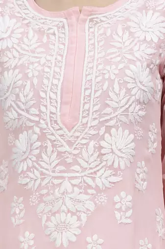 hand embroidered pink georgette lucknowi chikan kurta with slip