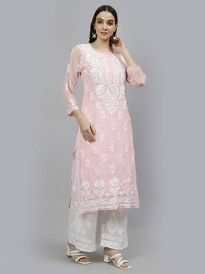 hand embroidered pink georgette lucknowi chikan kurta with slip 4