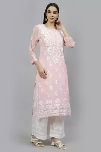 hand embroidered pink georgette lucknowi chikan kurta with slip