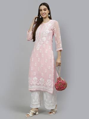 hand embroidered pink georgette lucknowi chikan kurta with slip 5