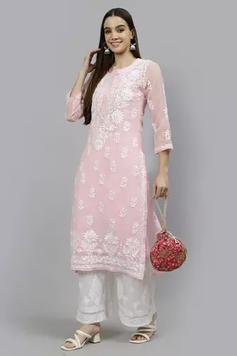 hand embroidered pink georgette lucknowi chikan kurta with slip