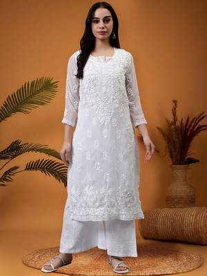 hand embroidered white georgette lucknowi chikan kurta with slip 1