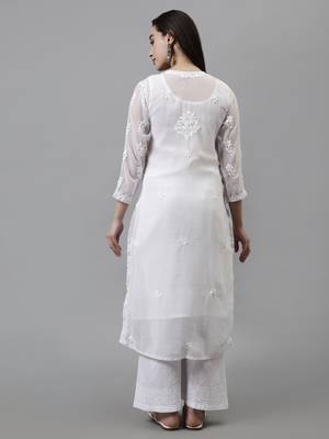 hand embroidered white georgette lucknowi chikan kurta with slip 2