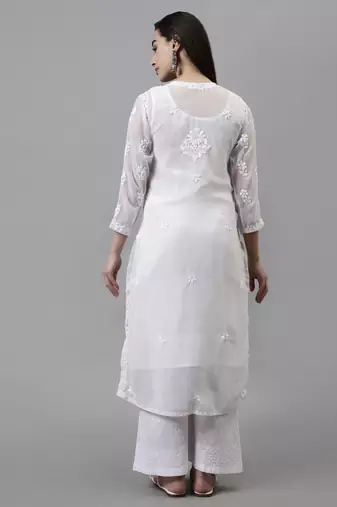 hand embroidered white georgette lucknowi chikan kurta with slip