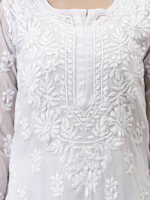 hand embroidered white georgette lucknowi chikan kurta with slip 3