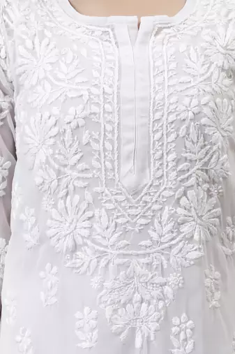 hand embroidered white georgette lucknowi chikan kurta with slip