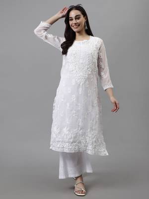 hand embroidered white georgette lucknowi chikan kurta with slip 4