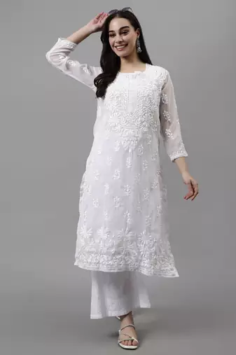 hand embroidered white georgette lucknowi chikan kurta with slip