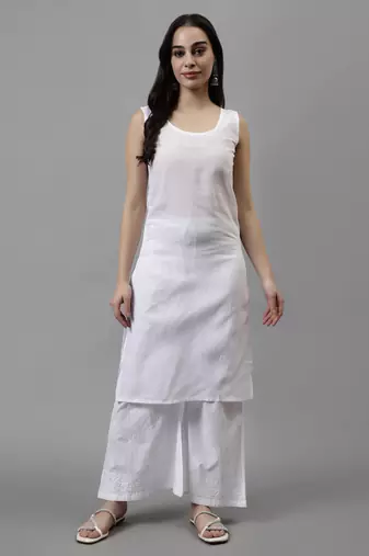 hand embroidered white georgette lucknowi chikan kurta with slip