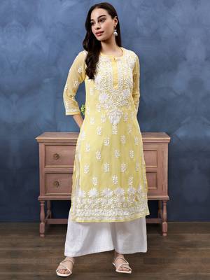 hand embroidered yellow georgette lucknowi chikan kurta with slip 1