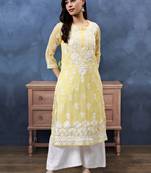 hand embroidered yellow georgette lucknowi chikan kurta with slip