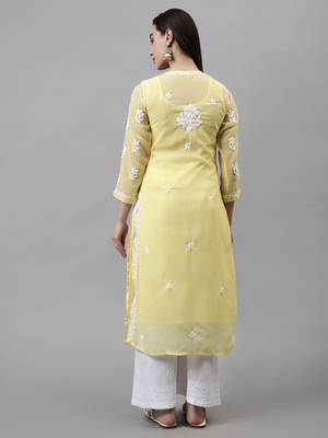 hand embroidered yellow georgette lucknowi chikan kurta with slip 2