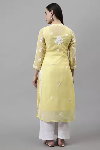 hand embroidered yellow georgette lucknowi chikan kurta with slip