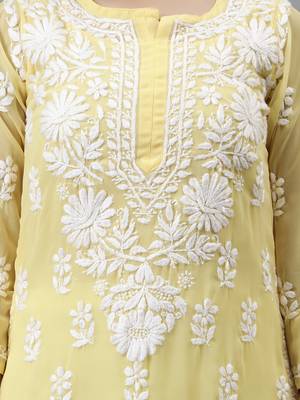 hand embroidered yellow georgette lucknowi chikan kurta with slip 3