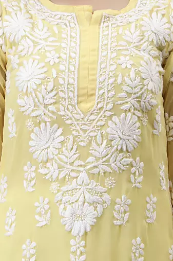 hand embroidered yellow georgette lucknowi chikan kurta with slip