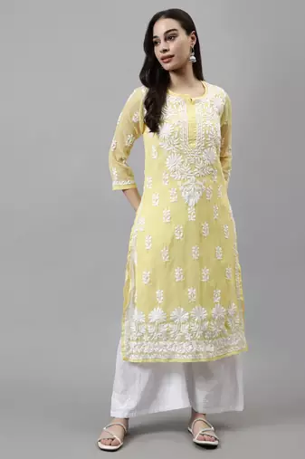 hand embroidered yellow georgette lucknowi chikan kurta with slip