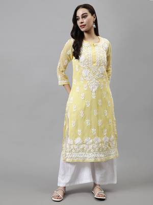 hand embroidered yellow georgette lucknowi chikan kurta with slip 5
