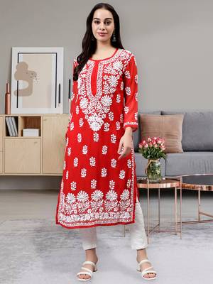 hand embroidered red georgette lucknowi chikan kurta with slip 1