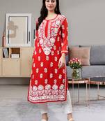 hand embroidered red georgette lucknowi chikan kurta with slip