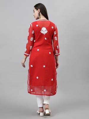 hand embroidered red georgette lucknowi chikan kurta with slip 2