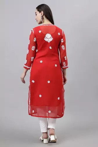 hand embroidered red georgette lucknowi chikan kurta with slip