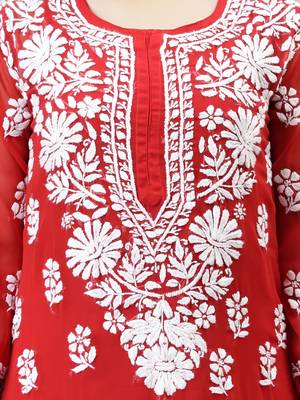 hand embroidered red georgette lucknowi chikan kurta with slip 3