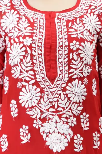 hand embroidered red georgette lucknowi chikan kurta with slip