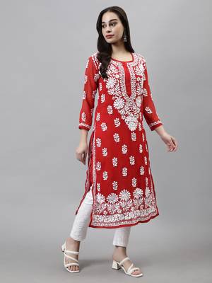 hand embroidered red georgette lucknowi chikan kurta with slip 4