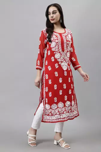 hand embroidered red georgette lucknowi chikan kurta with slip
