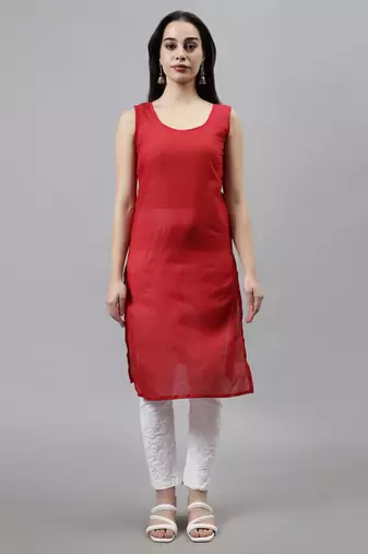 hand embroidered red georgette lucknowi chikan kurta with slip