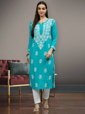 hand embroidered turquoise rayon lucknowi chikan kurta with slip 1