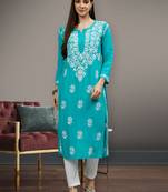 hand embroidered turquoise rayon lucknowi chikan kurta with slip