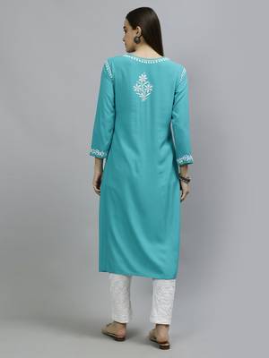 hand embroidered turquoise rayon lucknowi chikan kurta with slip 2