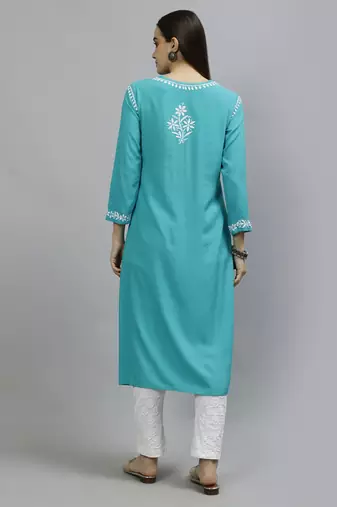 hand embroidered turquoise rayon lucknowi chikan kurta with slip