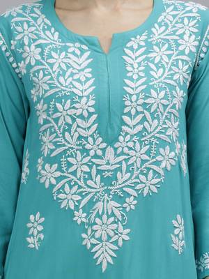 hand embroidered turquoise rayon lucknowi chikan kurta with slip 3