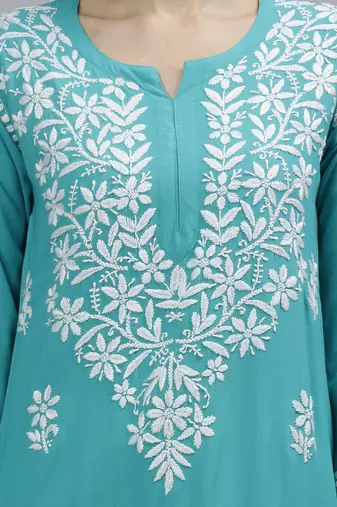 hand embroidered turquoise rayon lucknowi chikan kurta with slip