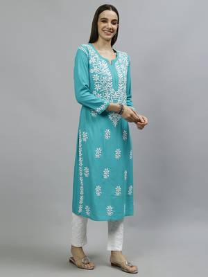 hand embroidered turquoise rayon lucknowi chikan kurta with slip 4