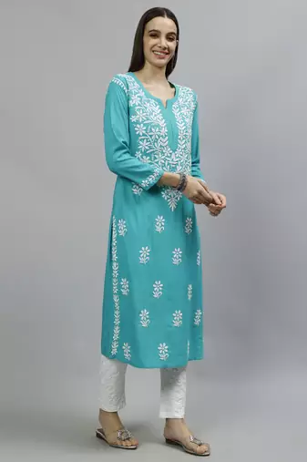 hand embroidered turquoise rayon lucknowi chikan kurta with slip