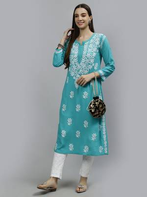 hand embroidered turquoise rayon lucknowi chikan kurta with slip 5