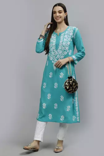 hand embroidered turquoise rayon lucknowi chikan kurta with slip