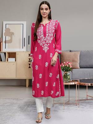 hand embroidered magenta rayon lucknowi chikan kurta with slip 1