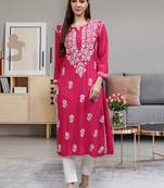 hand embroidered magenta rayon lucknowi chikan kurta with slip