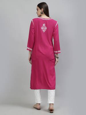 hand embroidered magenta rayon lucknowi chikan kurta with slip 2