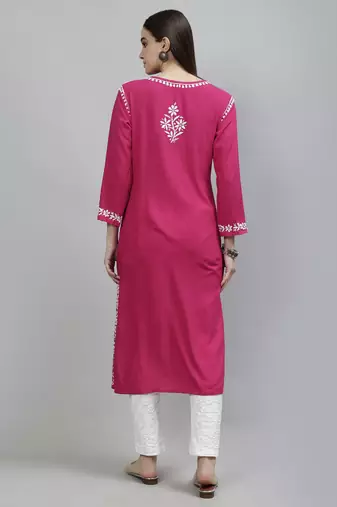 hand embroidered magenta rayon lucknowi chikan kurta with slip