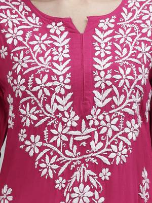hand embroidered magenta rayon lucknowi chikan kurta with slip 3