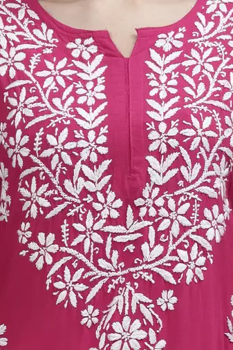 hand embroidered magenta rayon lucknowi chikan kurta with slip